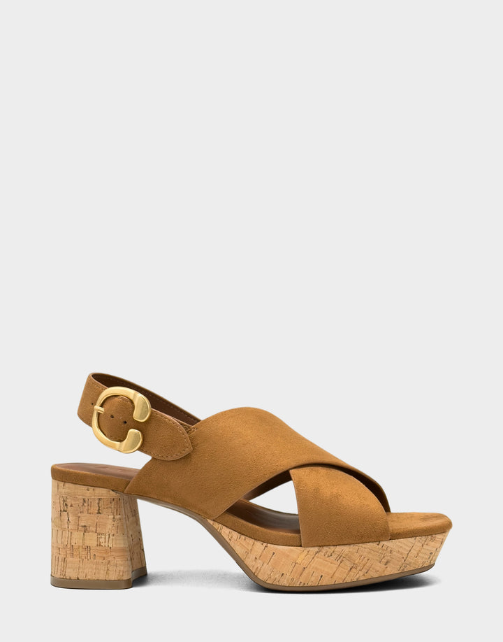 Comfortable Women's Platform Sandal in Natural Faux Suede Cork Heel Side View