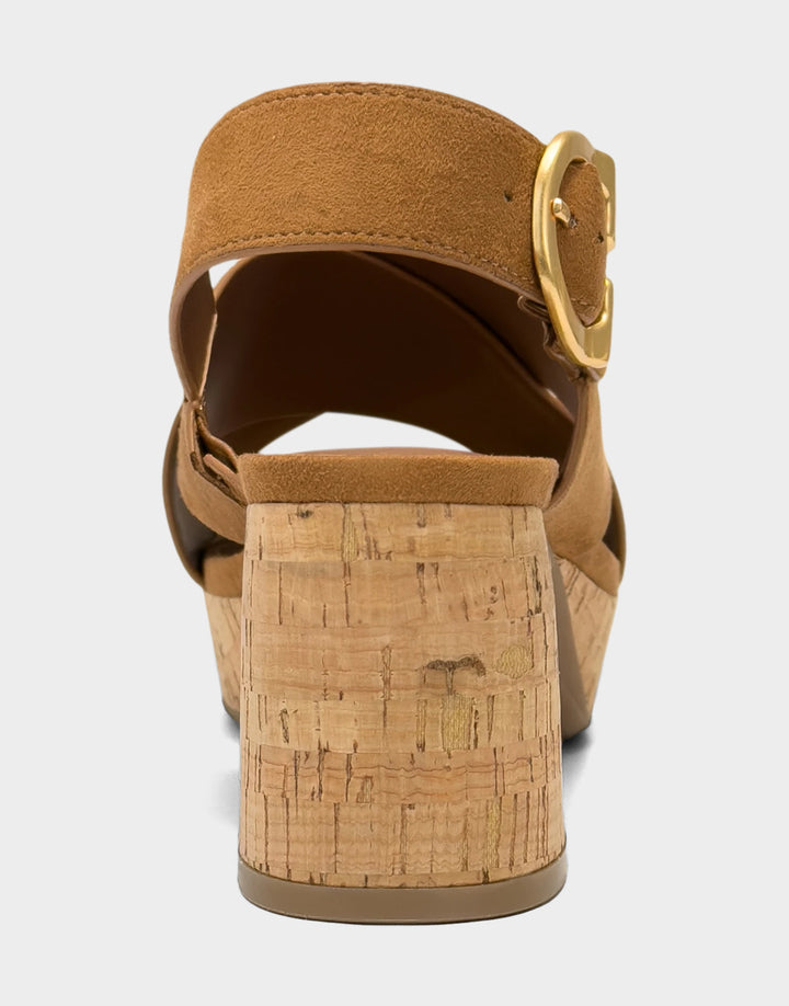 Comfortable Women's Platform Sandal in Natural Faux Suede Cork Heel Back View
