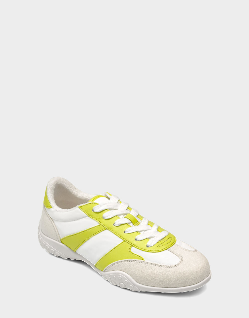 Comfortable Women's Sneaker in Off White/Kiwi Faux Suede/Nylon, angle view 