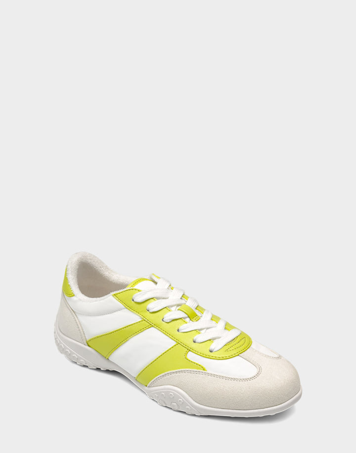Comfortable Women's Sneaker in Off White/Kiwi Faux Suede/Nylon, angle view 