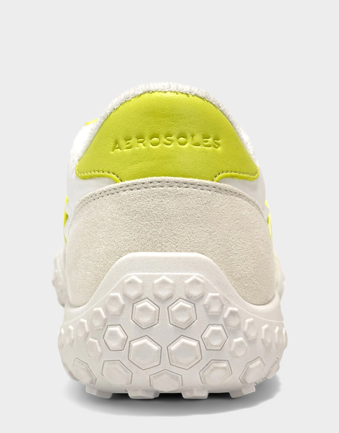 Comfortable Women's Sneaker in Off White/Kiwi Faux Suede/Nylon, rear view 