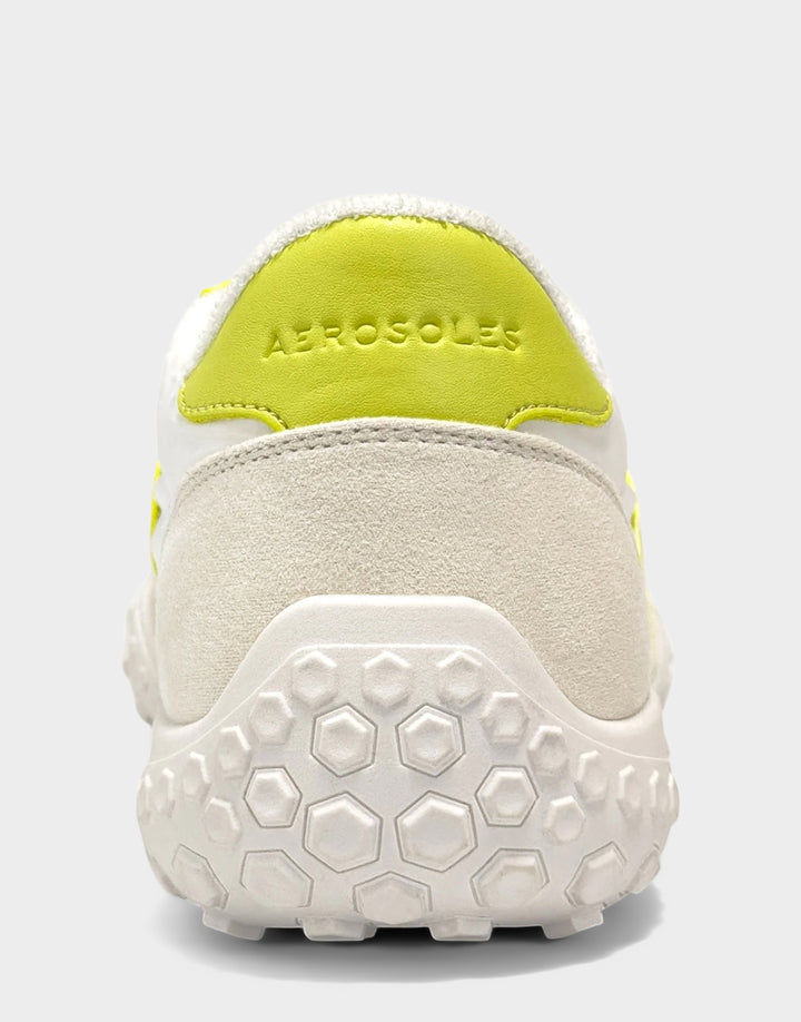 Comfortable Women's Sneaker in Off White/Kiwi Faux Suede/Nylon, rear view 