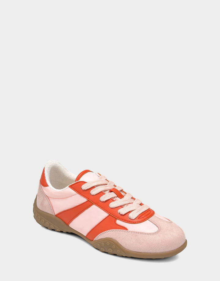 Comfortable Women's Sneaker in Pale Pink/Orange Faux Suede/Nylon, angle view 