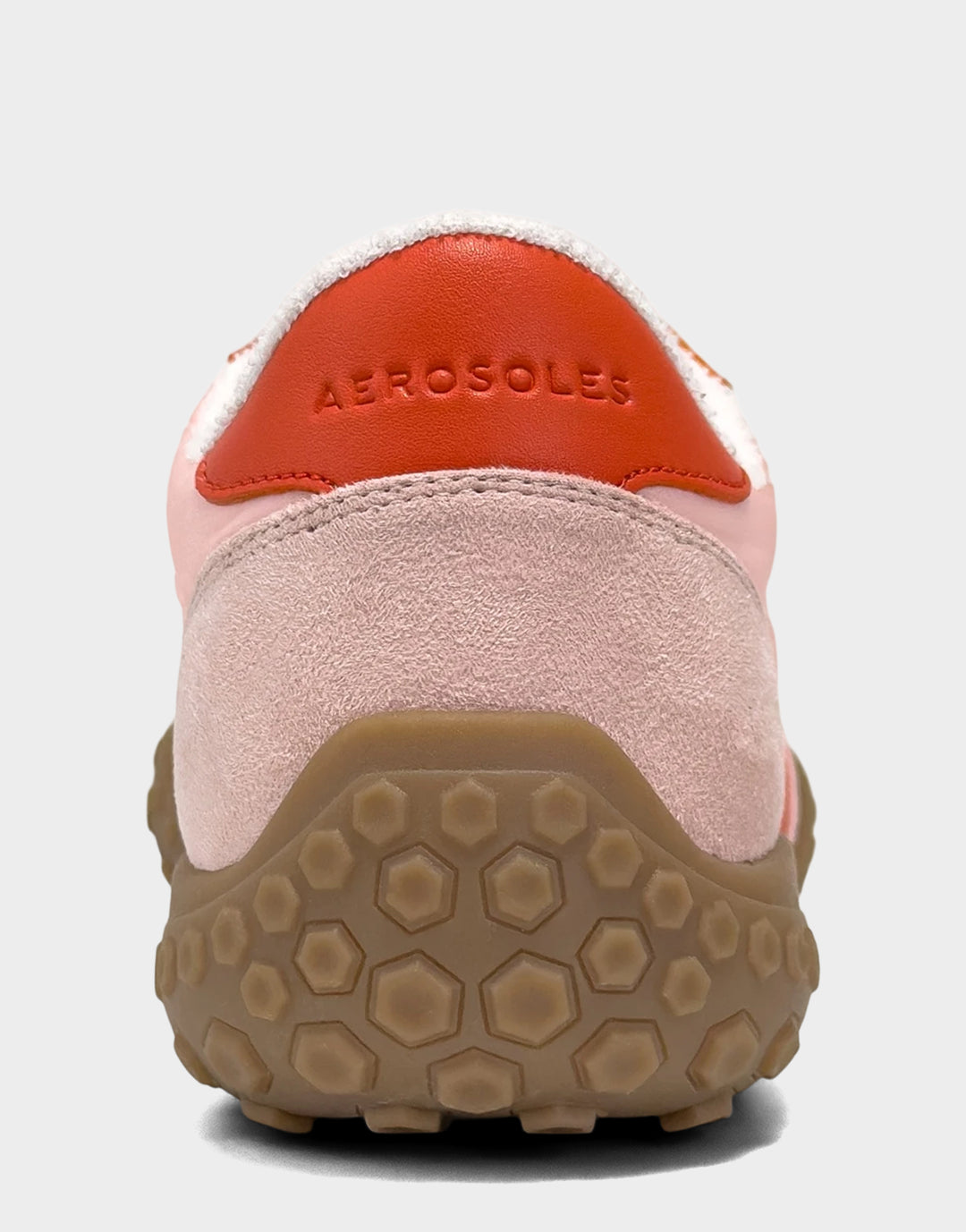 Comfortable Women's Sneaker in Pale Pink/Orange Faux Suede/Nylon, rear view 