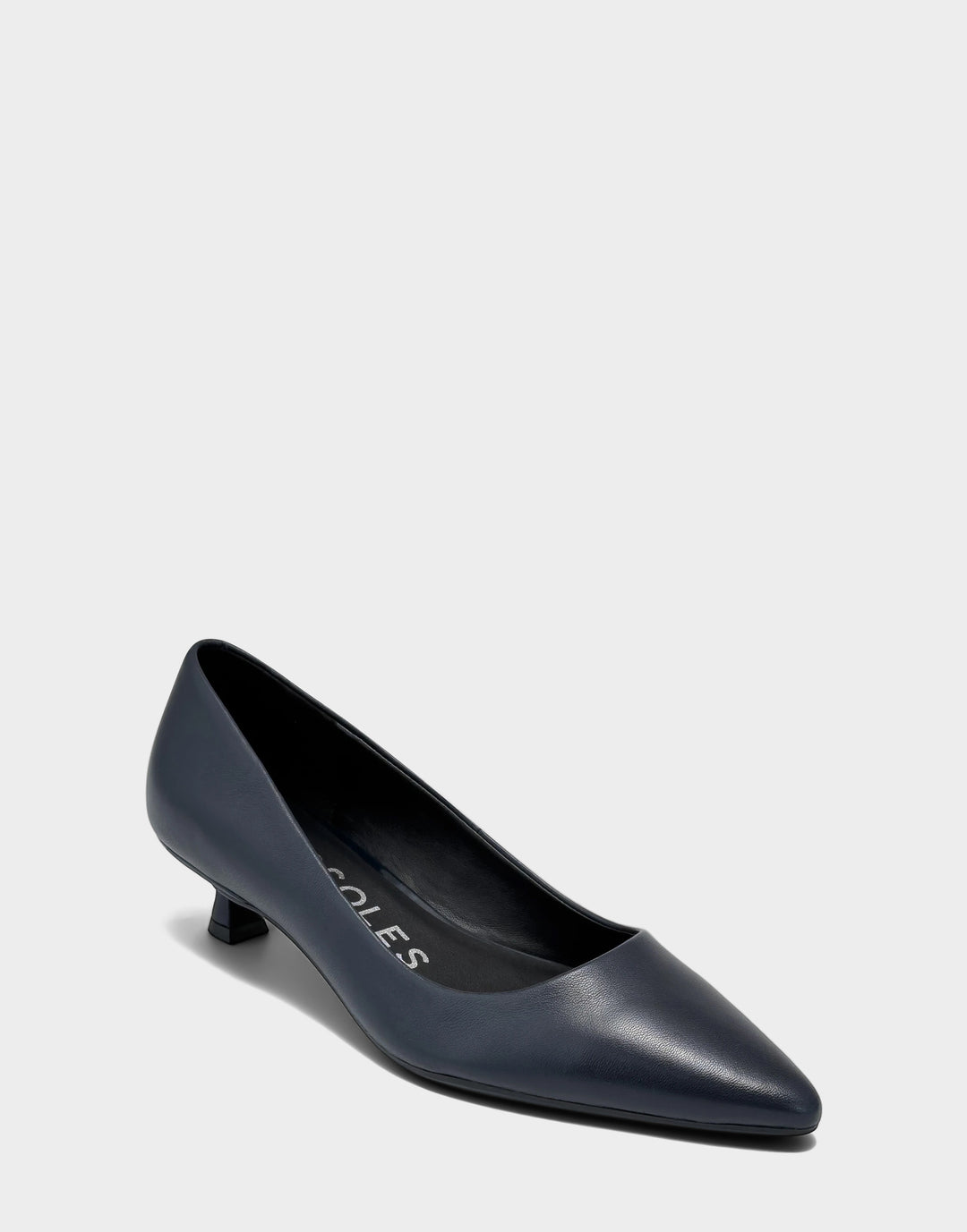 Comfortable Women's Kitten Heel in Navy Leather, side angle 
