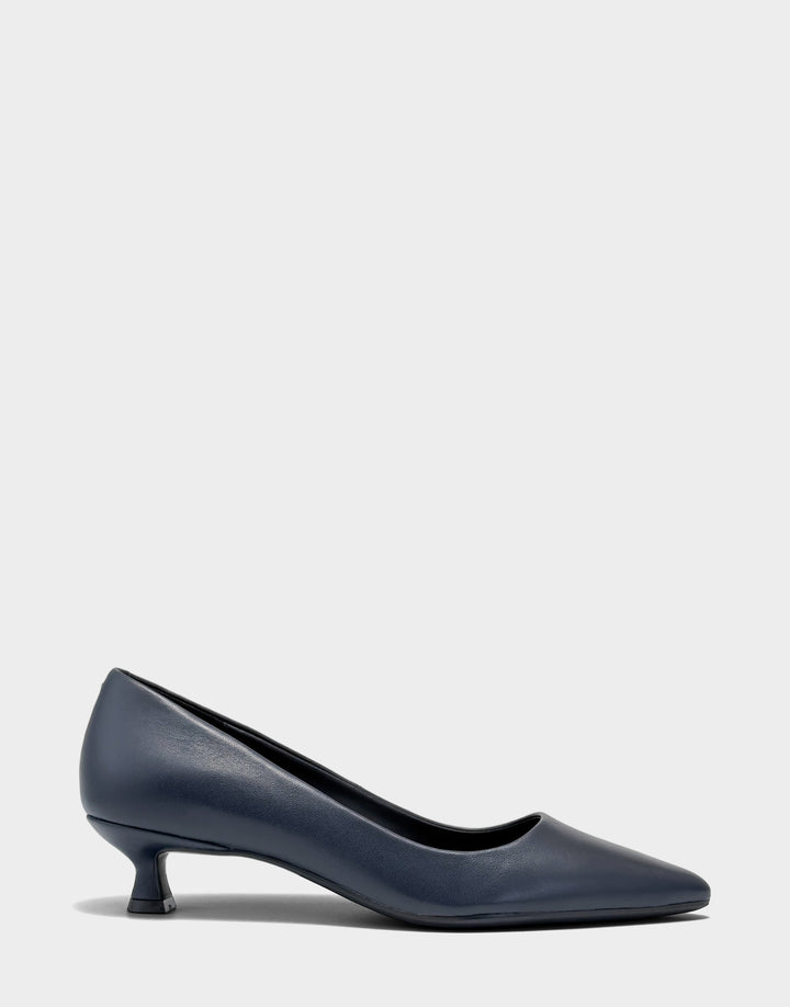 Comfortable Women's Kitten Heel in Navy Leather, side view 