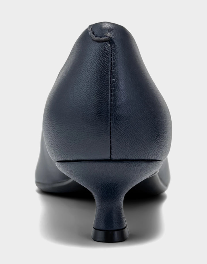 Comfortable Women's Kitten Heel in Navy Leather, rear view 