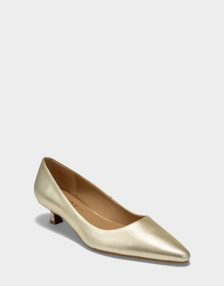 Comfortable Women's Kitten Heel in Soft Gold Faux Leather Faux Metallic Leather, angle view 