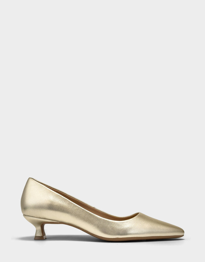 Comfortable Women's Kitten Heel in Soft Gold Faux Leather Faux Metallic Leather, side view 