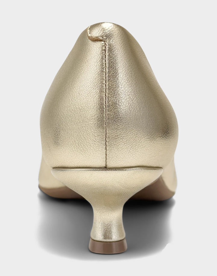 Comfortable Women's Kitten Heel in Soft Gold Faux Leather Faux Metallic Leather, rear view 
