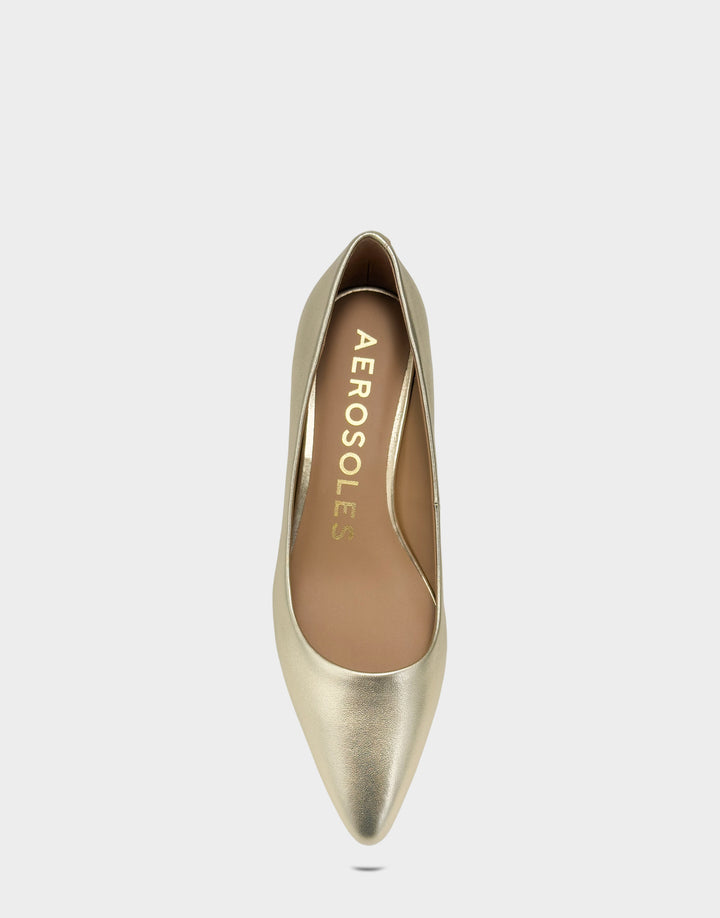 Comfortable Women's Kitten Heel in Soft Gold Faux Leather Faux Metallic Leather, top view 
