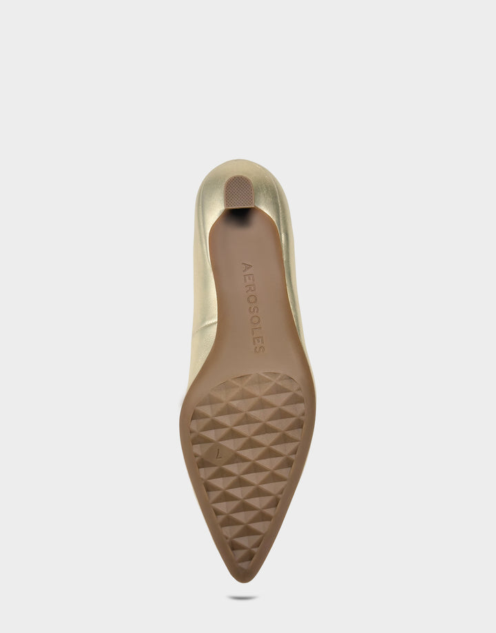 Comfortable Women's Kitten Heel in Soft Gold Faux Leather Faux Metallic Leather, sole view 