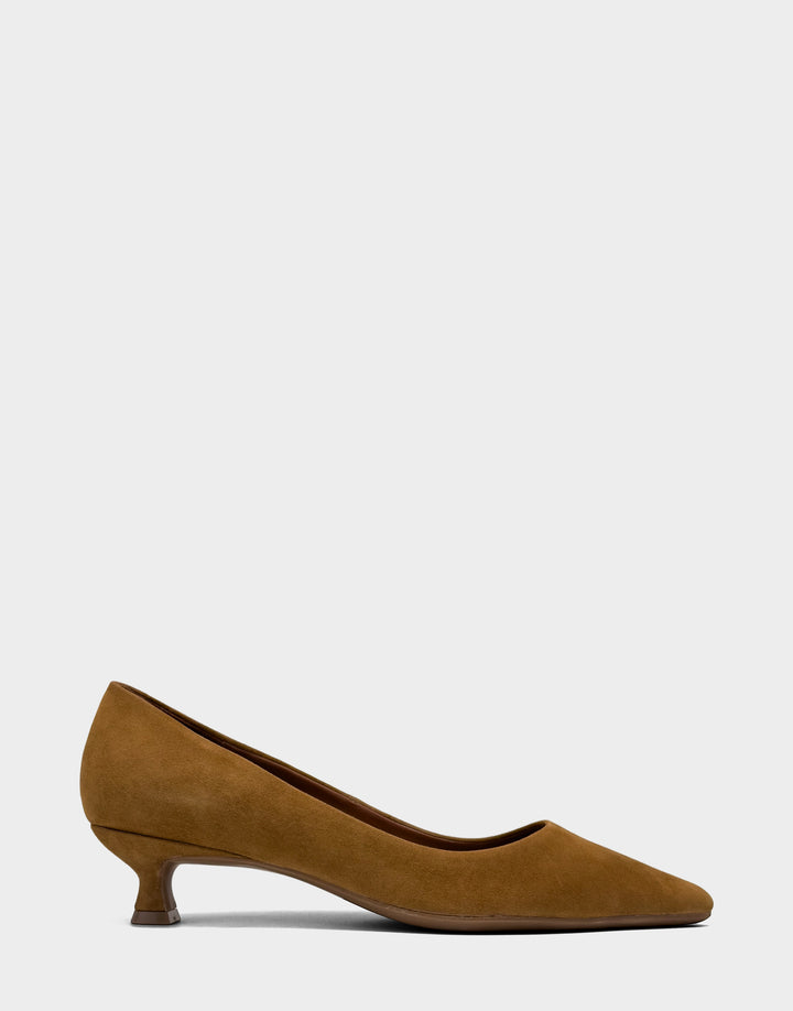 Comfortable Women's Kitten Heel in Tobacco Kid Suede, side view 

