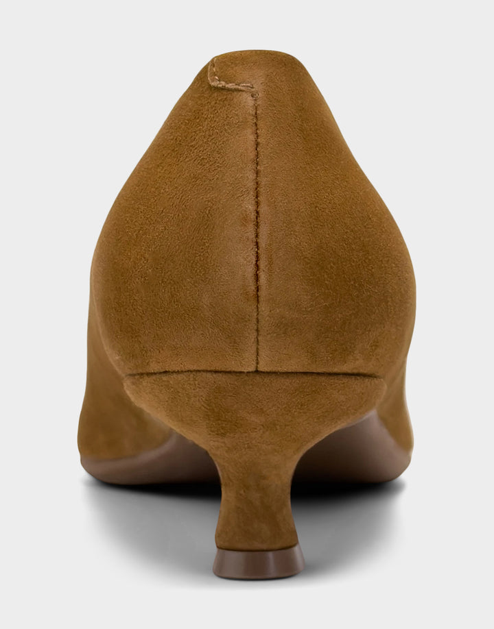 Comfortable Women's Kitten Heel in Tobacco Kid Suede, rear view 