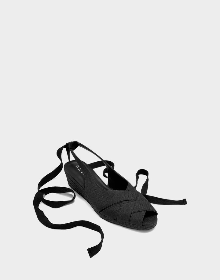 Comfortable Women's Dress Wedge in Black Linen Side Angle View