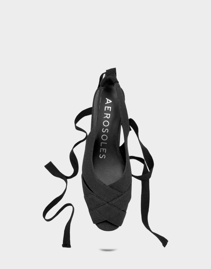 Comfortable Women's Dress Wedge in Black Linen Full Front View