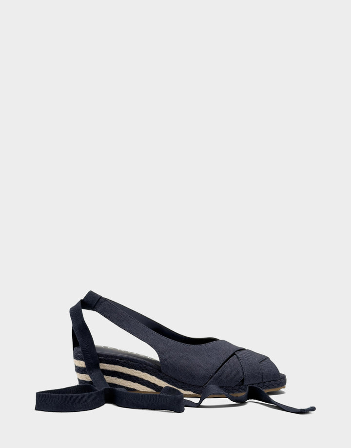 Comfortable Women's Dress Wedge in Blue Linen Side View