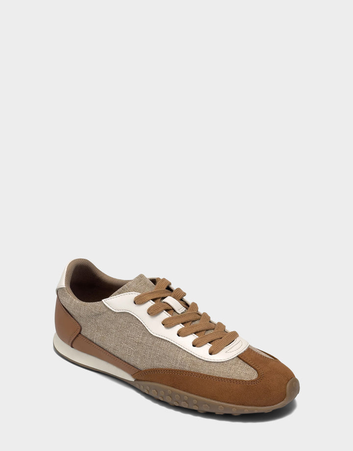 Comfortable Women's Sneaker in Natural/Tan Linen/Faux Leather, angle view 
