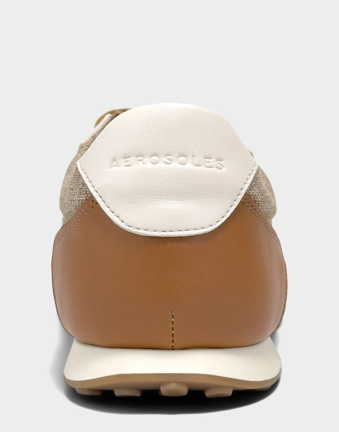 Comfortable Women's Sneaker in Natural/Tan Linen/Faux Leather, rear view 