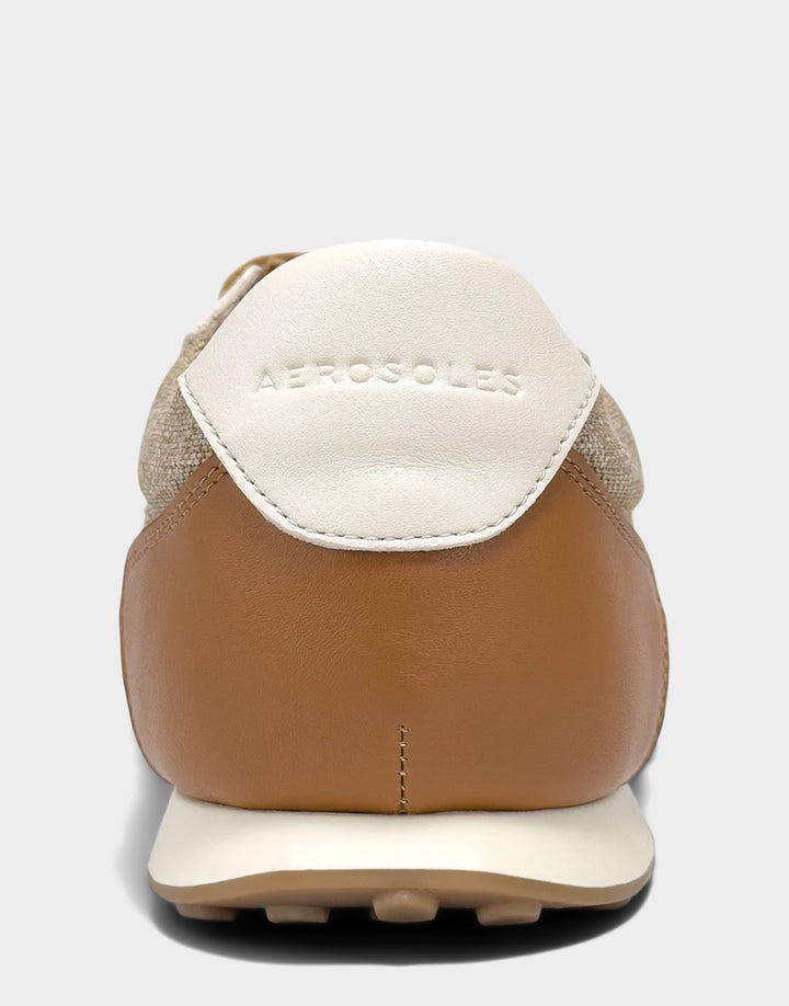 Comfortable Women's Sneaker in Natural/Tan Linen/Faux Leather, rear view 