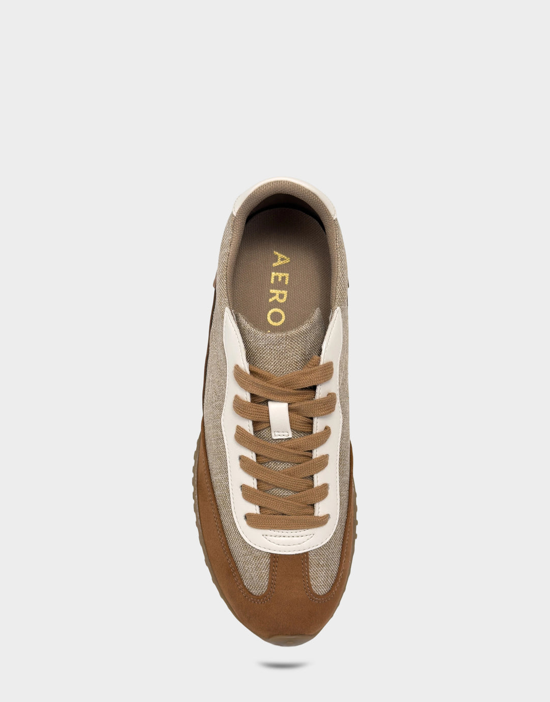 Comfortable Women's Sneaker in Natural/Tan Linen/Faux Leather, top view 