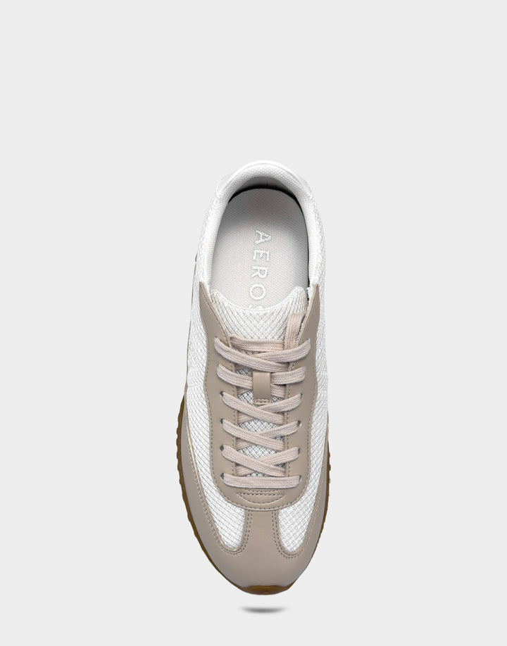 Comfortable Women's Sneaker in Bright White Mesh/Faux Leather, top view 
