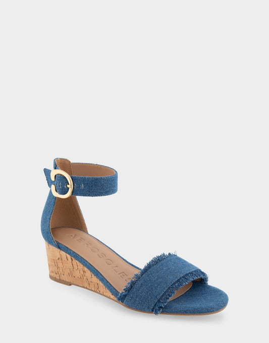 Women's Ankle Strap Mid Wedge Sandal in Denim Fabric