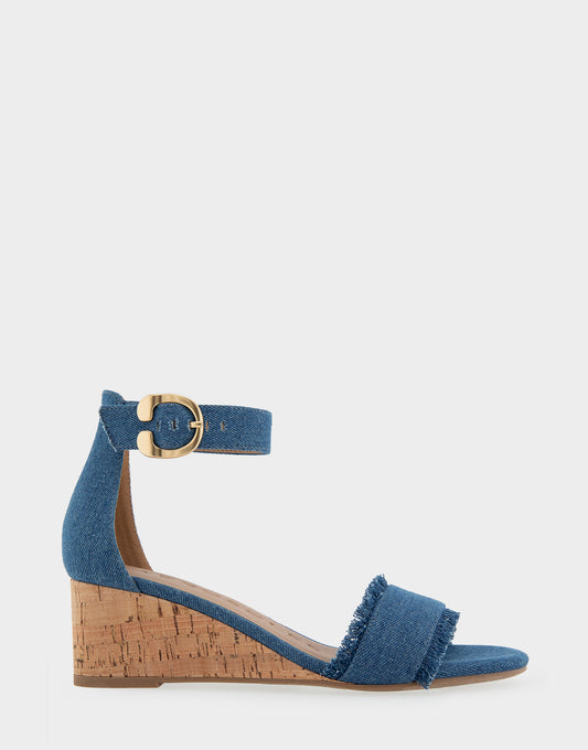 Women's Ankle Strap Mid Wedge Sandal in Denim Fabric
