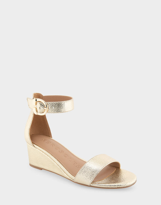 Women's Ankle Strap Mid Wedge Sandal in Soft Gold Canvas Faux Leather