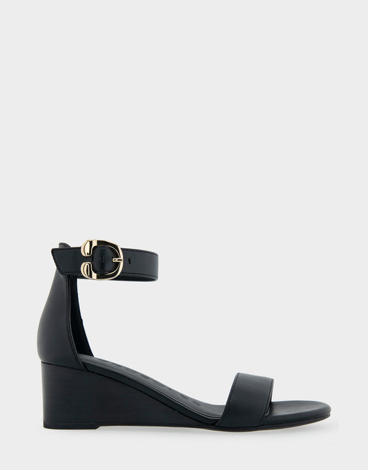 Women's Ankle Strap Mid Wedge Sandal in Black Faux Leather