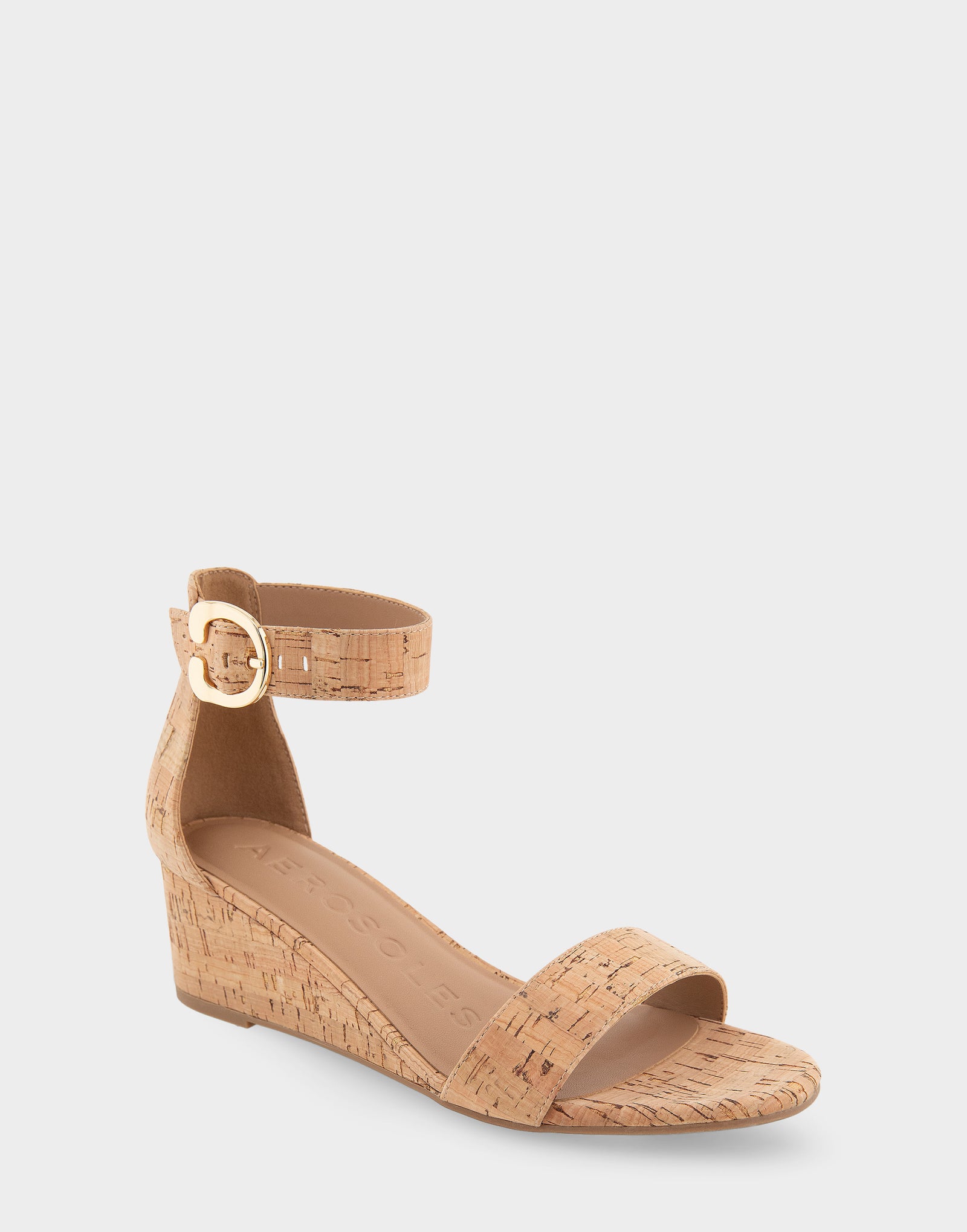 Women's Ankle Strap Mid Wedge Sandal in Cork Faux Leather