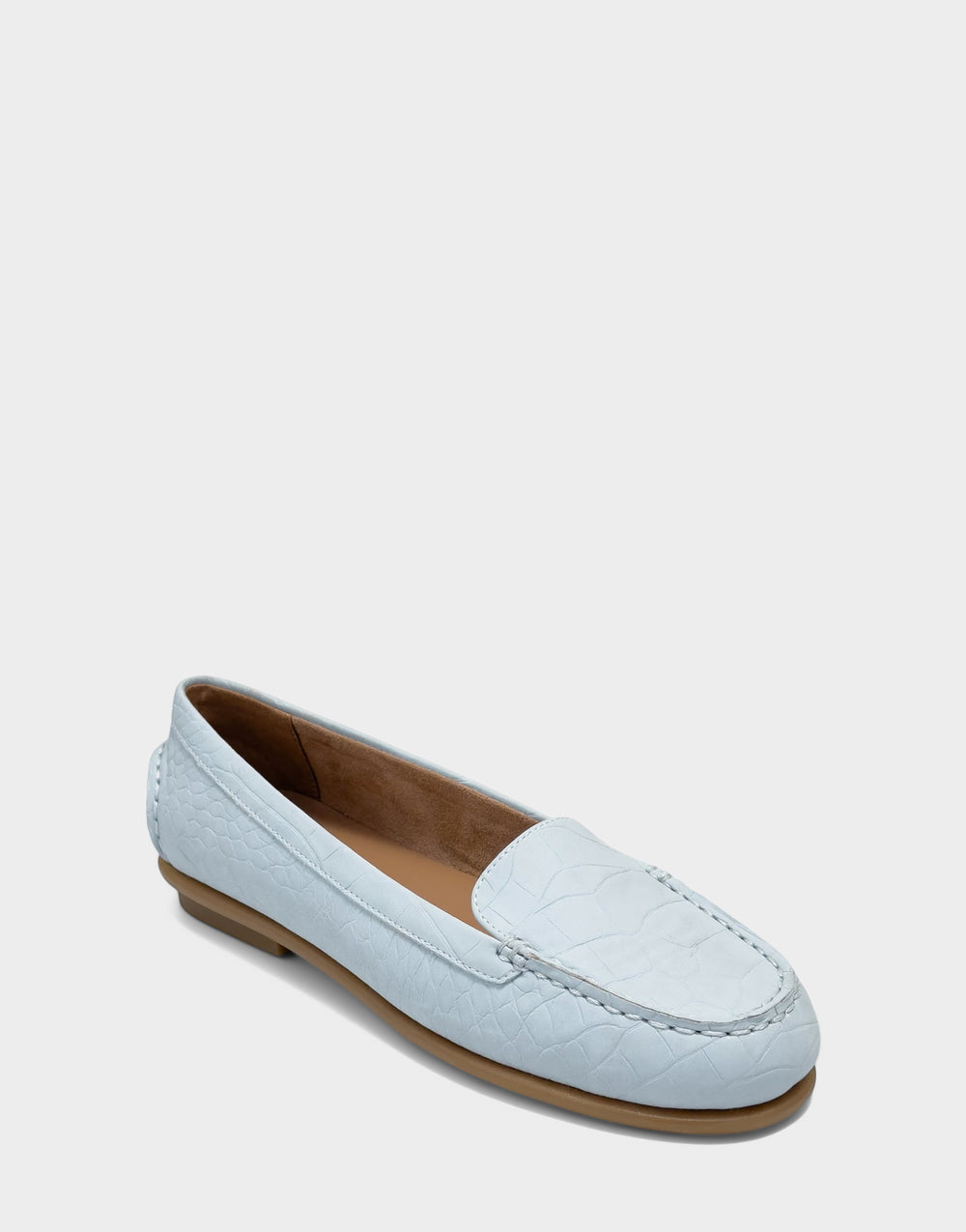 Comfortable Women's Casual Loafer in Pale Blue Faux Croc Nubuck Faux Croc Nubuck Side Angle View