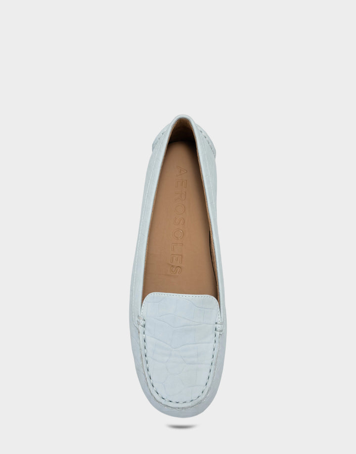 Comfortable Women's Casual Loafer in Pale Blue Faux Croc Nubuck Faux Croc Nubuck Full Front View