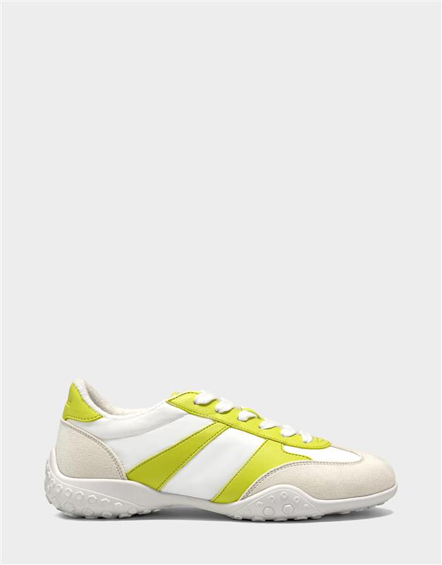 Comfortable Women's Sneaker in Off White/Kiwi Faux Suede/Nylon, side view 