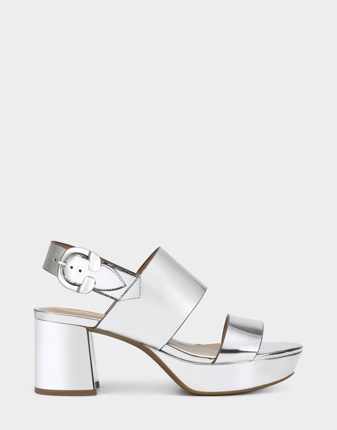 Camera Silver Metallic Platform Block Heel Sandal with Buckle