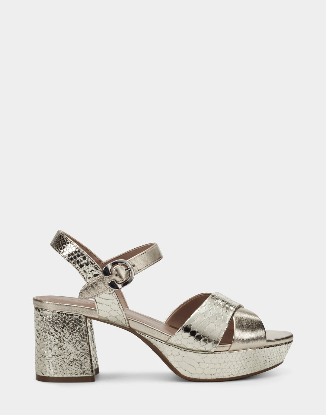 Soft Gold Genuine Leather Platform Block Heel Sandal with Buckle