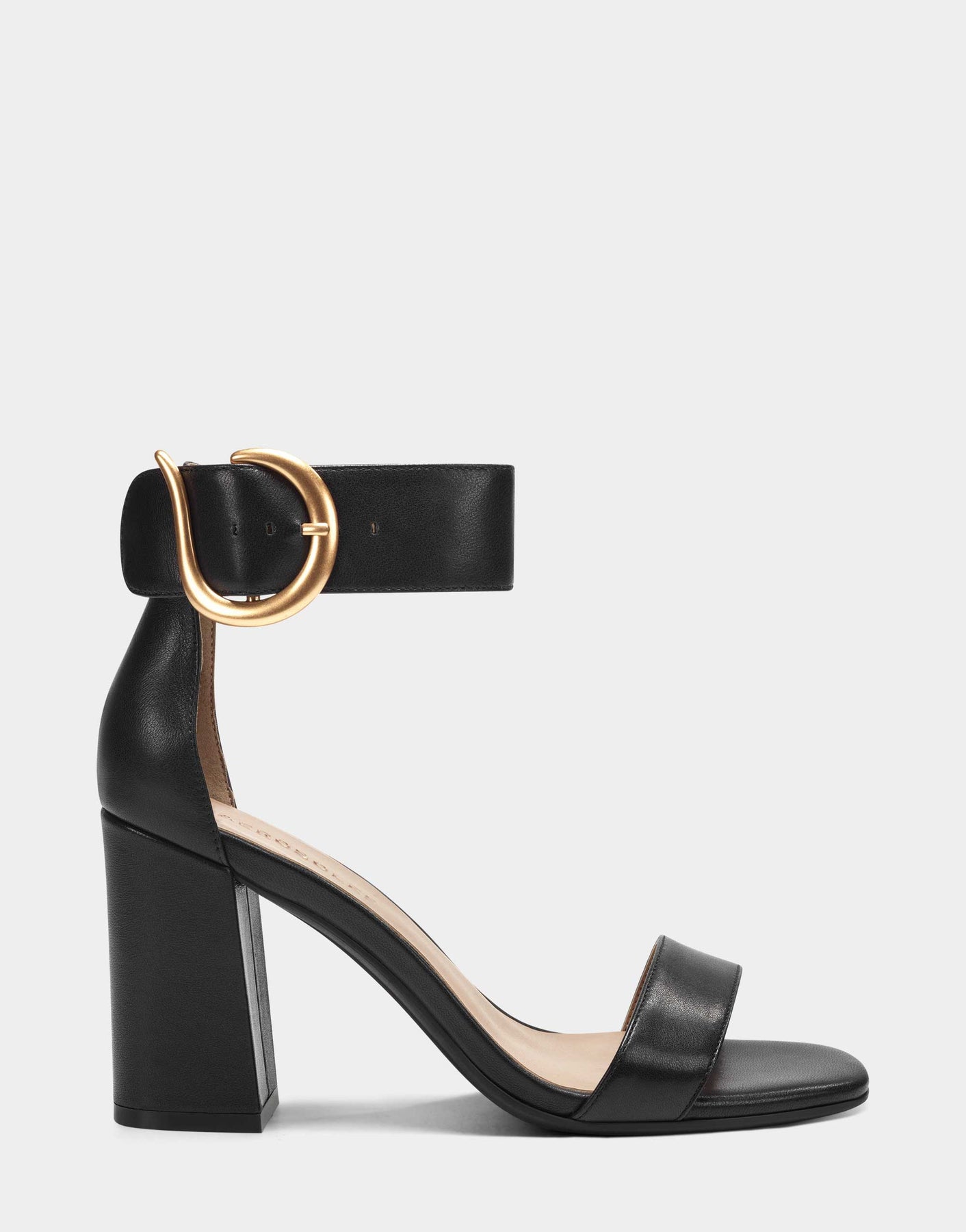Black Leather Two Strap Heel with Ankle Strap and Gold Buckle Landon ...